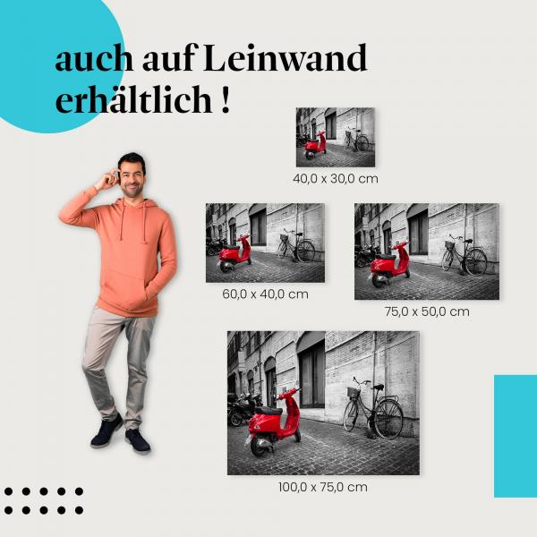 Rote Vespa in Rom: Leinwandbild. Schwarz-weiß Foto, Vespa farbig.