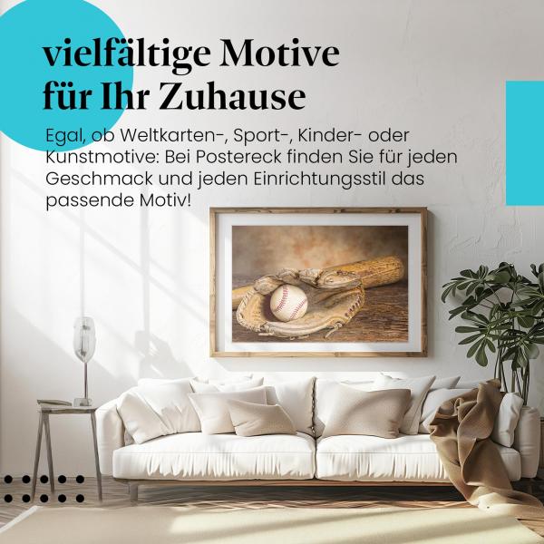 Stylisches Leinwandbild: Vintage Baseballhandschuh, Baseball und Schläger. Perfekt für alle Baseball-Fans.
