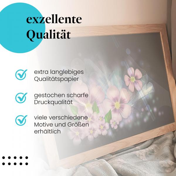 "Blütenzauber": Gerahmtes Wandbild - Violette Blumen, schwarzer Grund.
