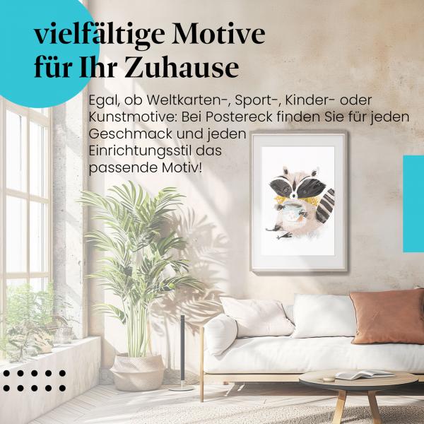 Leinwandbild "Waschbär": Schal, Getränk - gemütlich & entspannt.