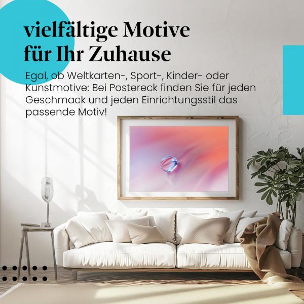 Gerahmtes Bild "Wassertropfen". Abstrakt, rosa & blau, Naturfotografie.