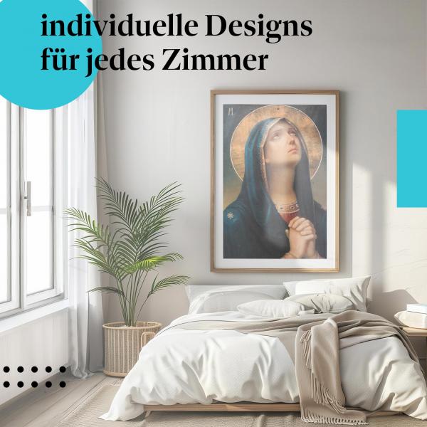 Schlafzimmer Deko: "Weinende Madonna" Poster im modernen Schlafzimmer. Religiöse Wanddeko.