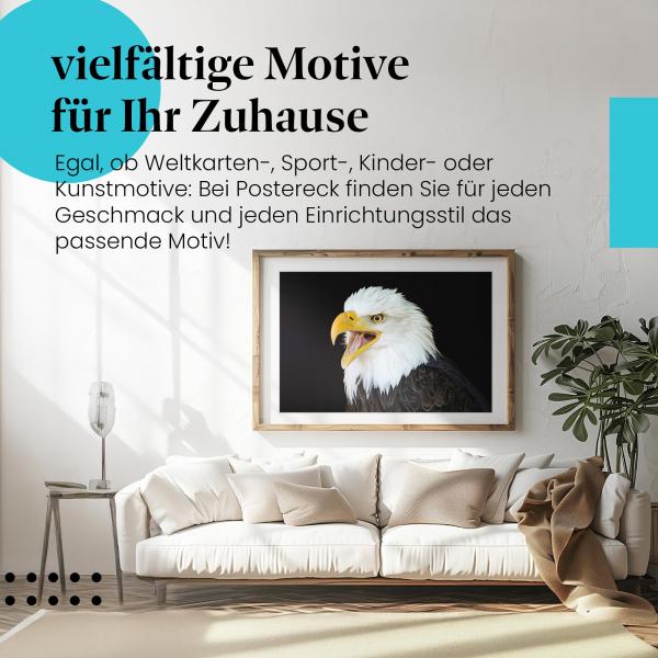 Leinwandbild "Weißkopfseeadler": Nahaufnahme, geöffneter Schnabel - Kraft & Majestät.