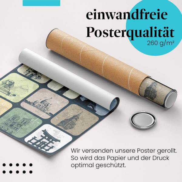 Gerolltes Poster "Reiseziele". Illustration verschiedener Wahrzeichen, sicher verpackt.