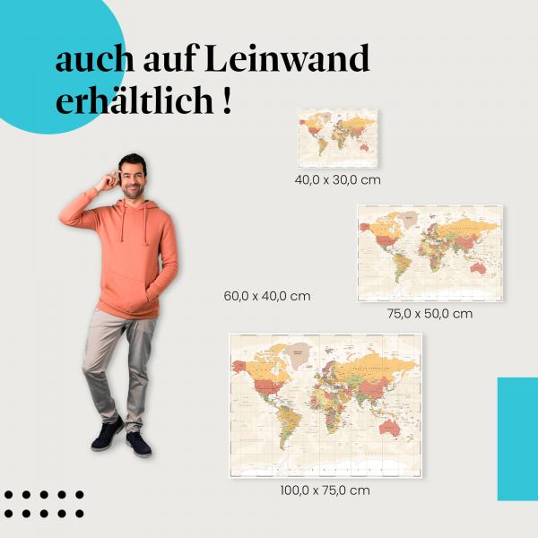 Weltkarte: Leinwandbild. Länder, Städte.