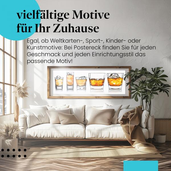 Leinwandbild "Whiskey": Fünf Gläser, Eis - Vielfalt & Präsentation.
