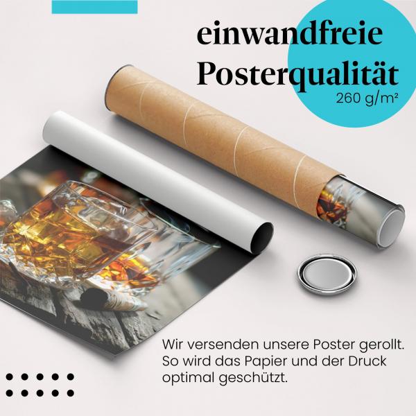 Gerolltes Poster "Whiskey & Zigarre". Gemütlicher Abend, sicher verpackt.