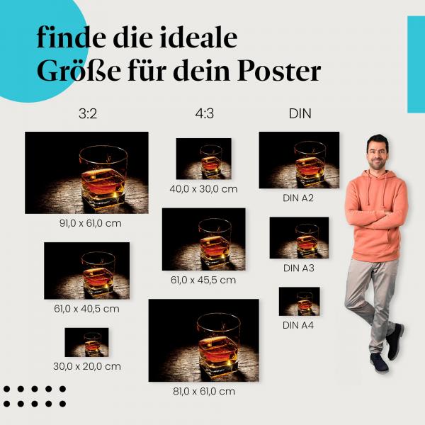 Whisky, Poster: Glas, Holztisch, rustikal, stimmungsvoll.