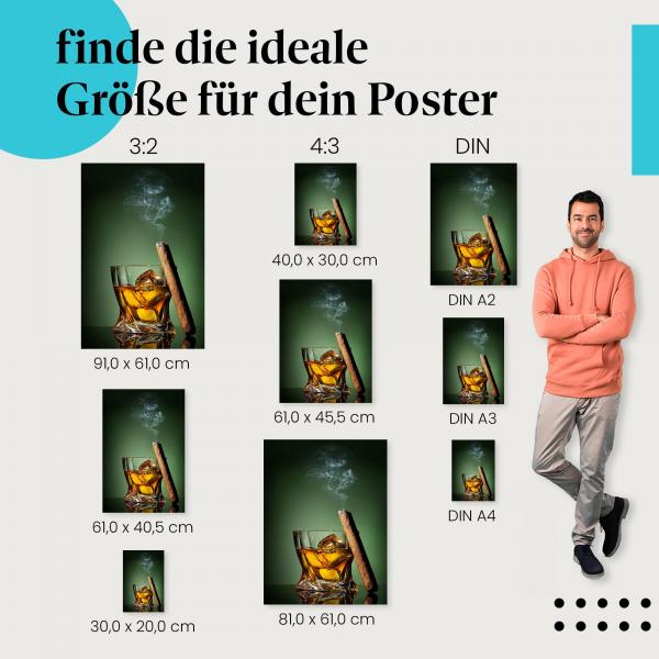 Entdecke die passende Postergröße: Whiskey & Zigarre: Glas, Eiswürfel, Genuss.
