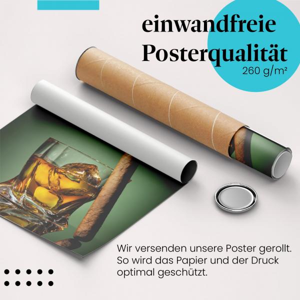 Gerolltes Poster "Whiskey & Zigarre". Genussvoller Abend, sicher verpackt.