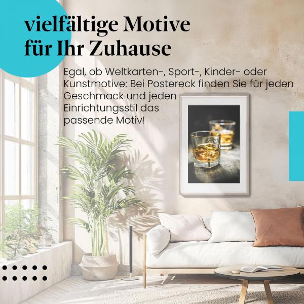 Leinwandbild "Whiskygenuss: Zwei Gläser mit Eis". Wanddeko für Whiskyliebhaber.