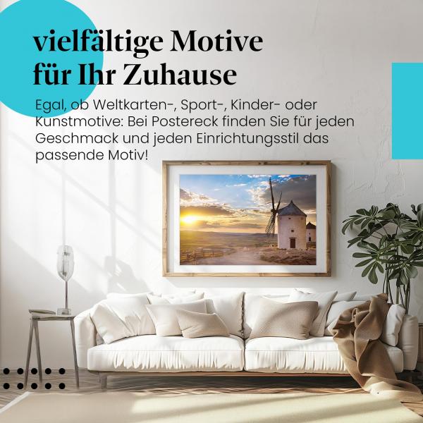 Dieses Leinwandbild der Windmühlen in Spanien ist ein Blickfang und bringt spanisches Flair in Ihr Zuhause.