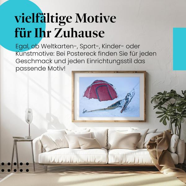 Stylisches Leinwandbild: Wintercamping - Ein Zelt im Schnee. Wanddeko für alle, die Winter und Camping lieben.