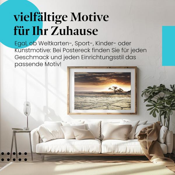Faszination Wüste: Dieses Leinwandbild fängt die magische Stimmung eines Sonnenuntergangs in der Wüste ein.