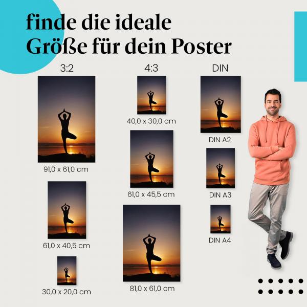 Finde die ideale Postergröße: Frau beim Yoga am See, Sonnenuntergang, Ruhe.