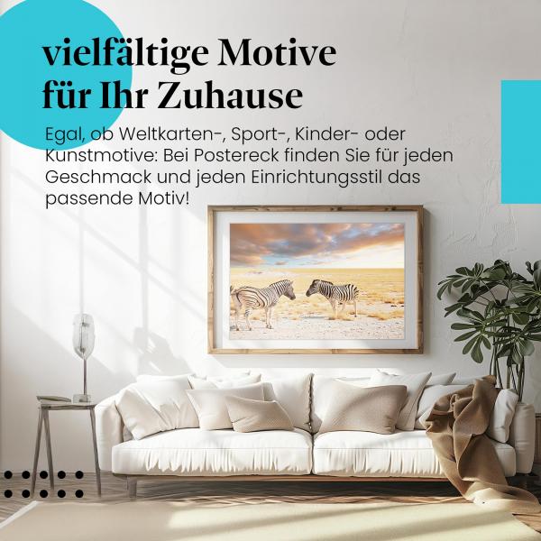 Stylisches Leinwandbild: Begegnung in der Savanne: Zwei Zebras im Abendlicht.