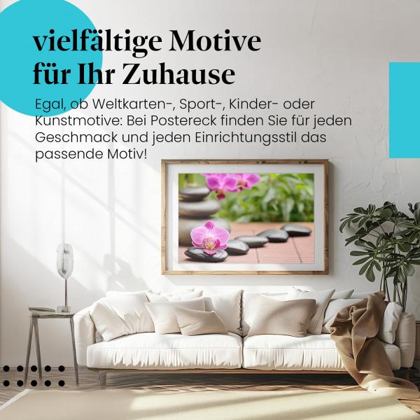 Leinwandbild "Zen-Garten": Schwarze Steine, pinke Orchidee - Ruhe & Harmonie.