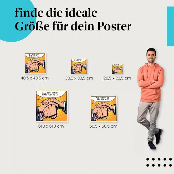 Wähle die ideale Postergröße: Pop Art: Drei Hände halten sich, "Alle für einen, einer für alle!"