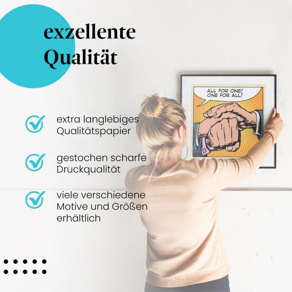 Gerahmtes Bild "Zusammenhalt". Pop Art Illustration, Hände & Spruch.