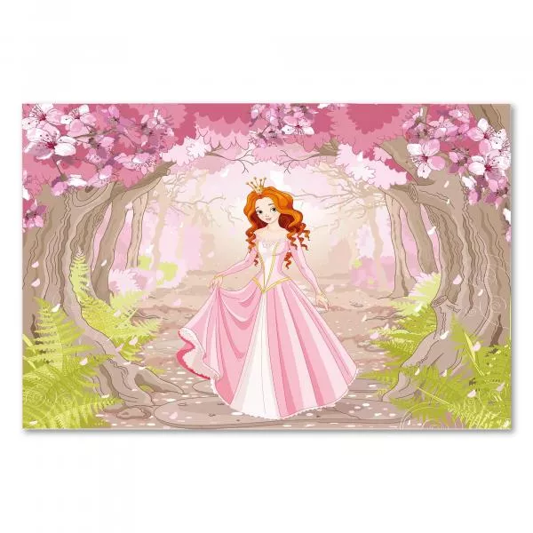 Prinzessin in rosa Kleid & Krone schreitet durch Märchenwald, rote Haare leuchten. Prinzessin in rosa Kleid & Krone schreitet durch Märchenwald, rote Haare leuchten.
