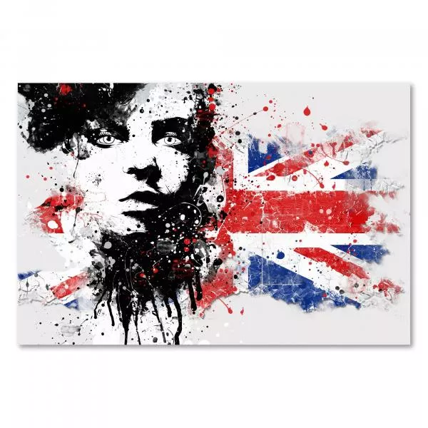 Cooles Porträt im Punk-Stil, junger Mann vor abstrakter UK-Flagge verkörpert rebellischen Geist. Cooles Porträt im Punk-Stil, junger Mann vor abstrakter UK-Flagge verkörpert rebellischen Geist.