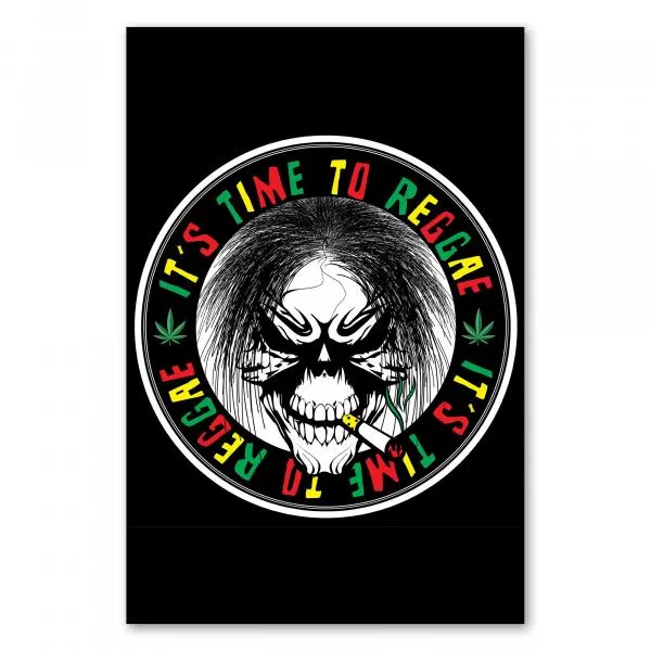 Ein Totenkopf mit Dreadlocks und Joint im Reggae-Stil, darunter der Schriftzug "It's Time to Reggae". Ein Totenkopf mit Dreadlocks und Joint im Reggae-Stil, darunter der Schriftzug "It's Time to Reggae".