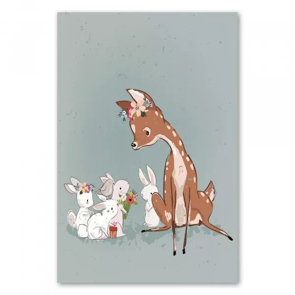Reh, Blumen & Geschenke von Hasen - Illustration, Freundschaft & Zuneigung. Reh, Blumen & Geschenke von Hasen - Illustration, Freundschaft & Zuneigung.
