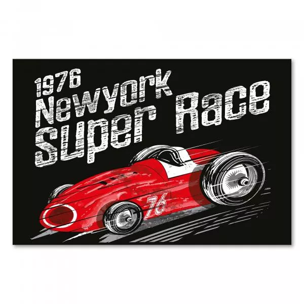 Roter Rennwagen & Schriftzug "1976 New York Super Race" - Vintage Design. Roter Rennwagen & Schriftzug "1976 New York Super Race" - Vintage Design.