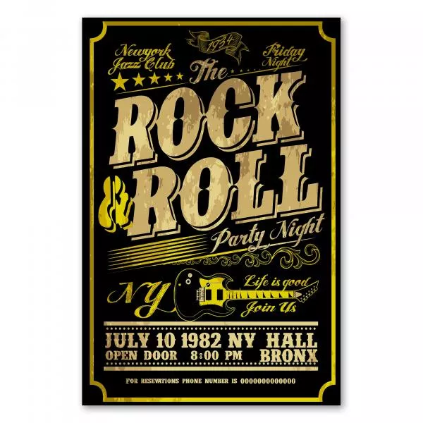 "The Rock'n'Roll Party Night" steht auf diesem Retro-Design im Stil eines Konzertplakats. "The Rock'n'Roll Party Night" steht auf diesem Retro-Design im Stil eines Konzertplakats.