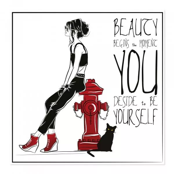 Fashion-Illustration: Frau mit Katze & Zitat "Wahre Schönheit...", sein. Fashion-Illustration: Frau mit Katze & Zitat "Wahre Schönheit...", sein.