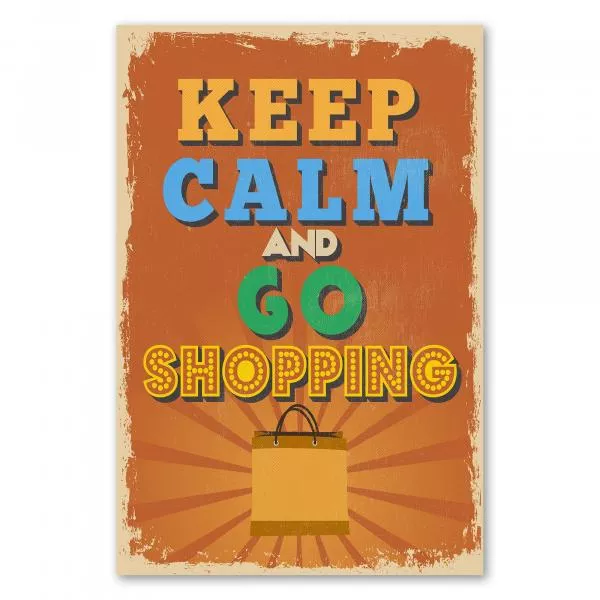 Vintage Poster in Orange: "Keep Calm and Go Shopping" mit Einkaufstasche. Vintage Poster in Orange: "Keep Calm and Go Shopping" mit Einkaufstasche.