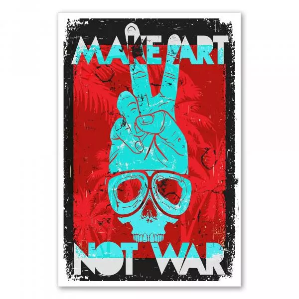 Ein Skelett mit Fliegerbrille formt ein Peace-Zeichen vor Palmen. Schriftzug "Make Art Not War". Ein Skelett mit Fliegerbrille formt ein Peace-Zeichen vor Palmen. Schriftzug "Make Art Not War".