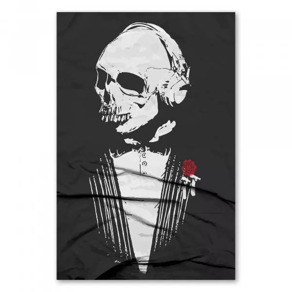 Ein stilvoller Totenkopf mit Kopfhörern, Smoking und Rose. Ein stilvoller Totenkopf mit Kopfhörern, Smoking und Rose.