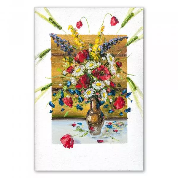 Ein bunter Sommerblumenstrauß in einer Vase, gemalt in Öl auf Leinwand - ein farbenfrohes Kunstwerk. Ein bunter Sommerblumenstrauß in einer Vase, gemalt in Öl auf Leinwand - ein farbenfrohes Kunstwerk.