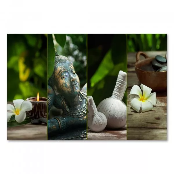 Collage: Buddha, Massagekräuter, Kerzenlicht, Frangipaniblüten - Wellness. Collage: Buddha, Massagekräuter, Kerzenlicht, Frangipaniblüten - Wellness.