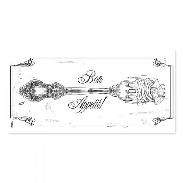 Gabel, Spaghetti, Basilikum, Vintage-Rahmen, "Bon Appetit!".