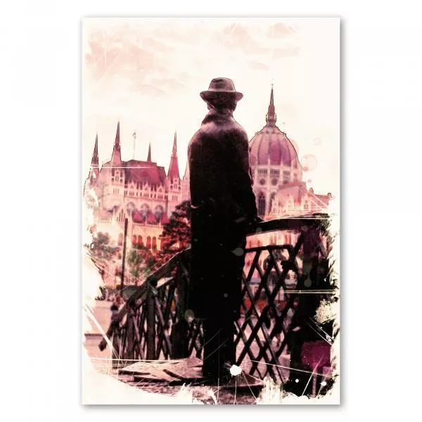 Aquarellmalerei einer Statue, die auf ungarisches Parlamentsgebäude blickt, verbindet Vergangenheit mit Gegenwart. Aquarellmalerei einer Statue, die auf ungarisches Parlamentsgebäude blickt, verbindet Vergangenheit mit Gegenwart.