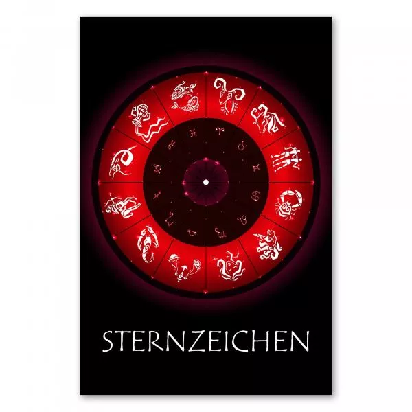 Die zwölf Sternzeichen in einem Kreis auf schwarzem Hintergrund. Rote Symbole, leuchtende Optik.