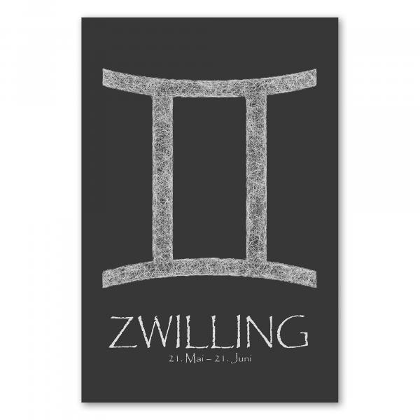 Das Sternzeichen Zwilling - kommunikativ und neugierig - dargestellt durch ein filigranes Symbol auf schwarzem Hintergrund.