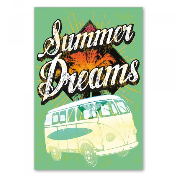 Retro-Bus mit Surfbrett, Palmen-Silhouette - verträumtes Sommer-Design.