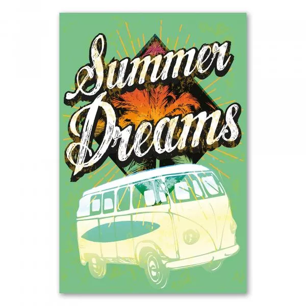 Retro-Bus mit Surfbrett, Palmen-Silhouette - verträumtes Sommer-Design. Retro-Bus mit Surfbrett, Palmen-Silhouette - verträumtes Sommer-Design.