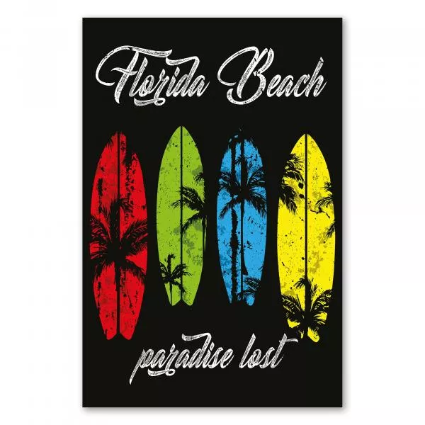 Vier Surfbretter, Palmenmotiv & "Florida Beach - Paradise Lost", Schwarz. Vier Surfbretter, Palmenmotiv & "Florida Beach - Paradise Lost", Schwarz.