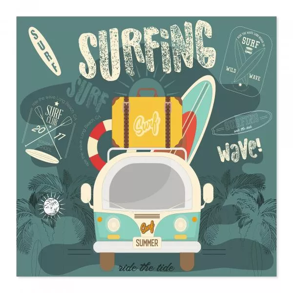 Retro-Bus mit Surfbrett, Strand, Palmen & Sonnenschein - sommerliches Motiv. Retro-Bus mit Surfbrett, Strand, Palmen & Sonnenschein - sommerliches Motiv.