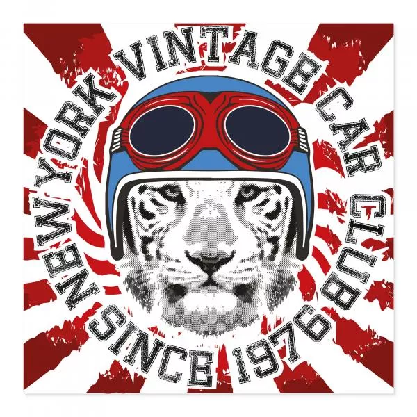 Tigerkopf mit Retro-Helm & Schriftzug "New York Vintage Car Club since 1978". Tigerkopf mit Retro-Helm & Schriftzug "New York Vintage Car Club since 1978".