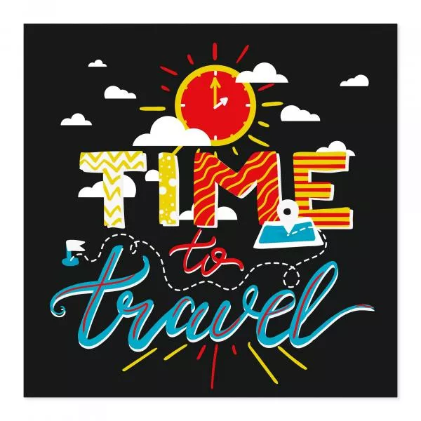 Schriftzug "Time to Travel" mit Sonne, Uhr, Wolken & Landkarte. Schriftzug "Time to Travel" mit Sonne, Uhr, Wolken & Landkarte.