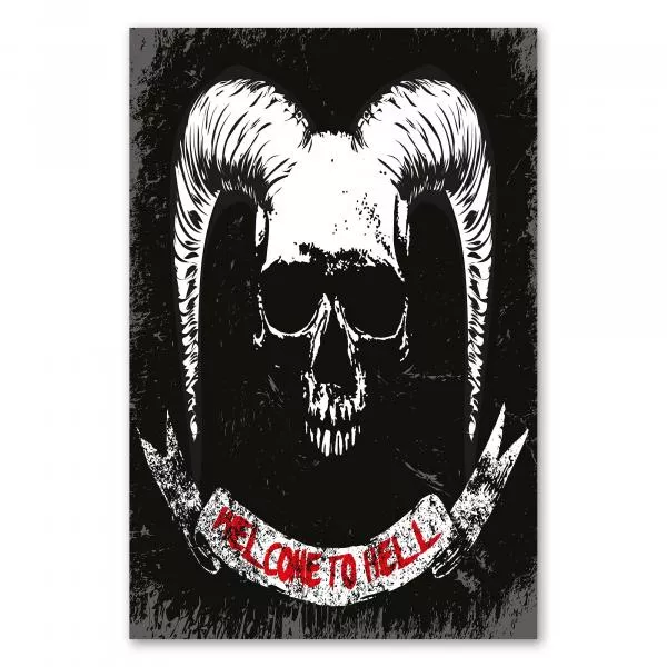Ein Totenkopf mit Hörnern auf Banner mit der Aufschrift "Welcome to Hell". Düsterer Grunge-Stil. Ein Totenkopf mit Hörnern auf Banner mit der Aufschrift "Welcome to Hell". Düsterer Grunge-Stil.