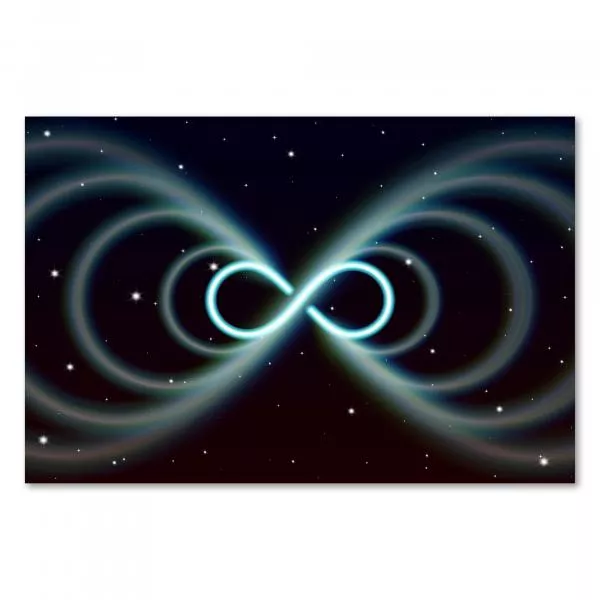 Leuchtendes Unendlichkeitszeichen vor Sternenhimmel, Galaxien - Ewigkeit & Unendlichkeit.