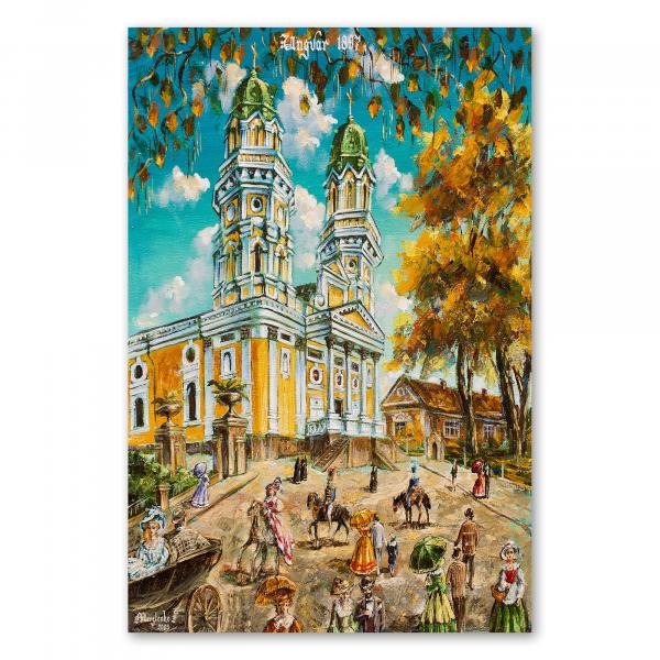 Eine historische Kirche in Ungarn mit Zwiebeltürmen - ein detailreiches Gemälde voller Geschichte.