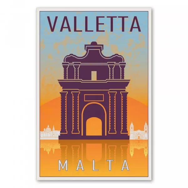 Das imposante Stadttor von Valletta vor einem leuchtenden Sonnenuntergang - ein charaktervolles Reiseposter. Das imposante Stadttor von Valletta vor einem leuchtenden Sonnenuntergang - ein charaktervolles Reiseposter.